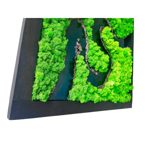Mechový obraz s epoxidovou pryskyřicí - řeka - sobí mech - dřevěný černý rám