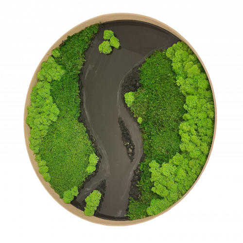 Kulatý mechový obraz s epoxidovou pryskyřicí - řeka - sobí a plochý mech - dřevěný přírodní rám