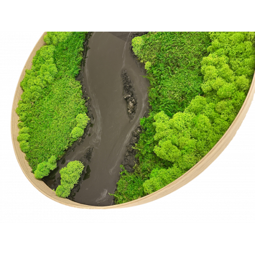 Kulatý mechový obraz s epoxidovou pryskyřicí - řeka - sobí a plochý mech - dřevěný přírodní rám