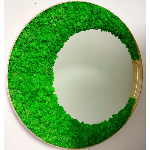 Mechový obraz se zrcadlem - kulatý dřevěný rám 70cm